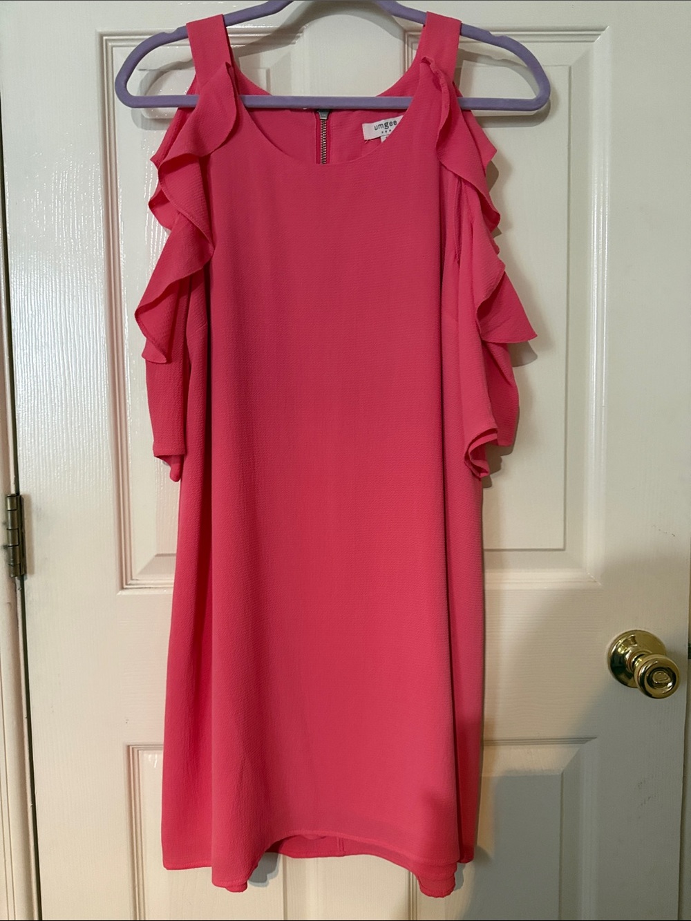 Umgee Peachy Pink Colored Ruffle Cold-Shoulder Dress